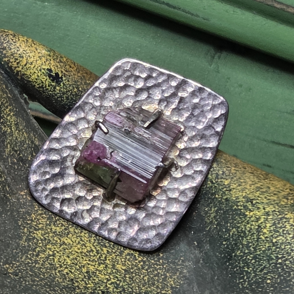 Watermelon Tourmaline Set In A Hammered Sterling Silver Setting